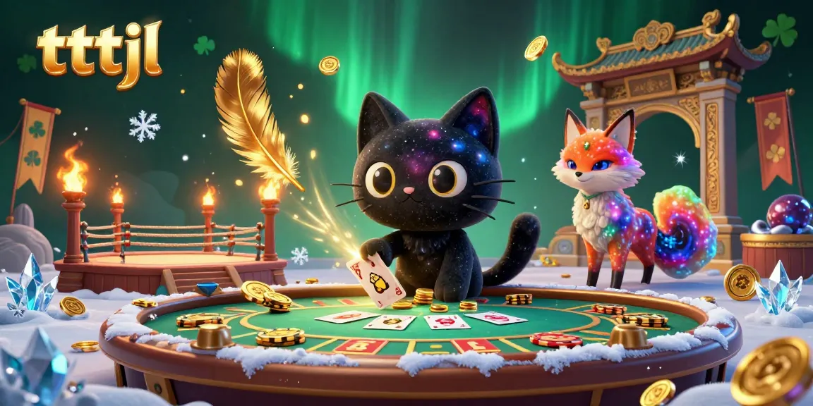 Watch the tttjl casino cat pull golden chips and cards in this vibrant cosmic game scene.
