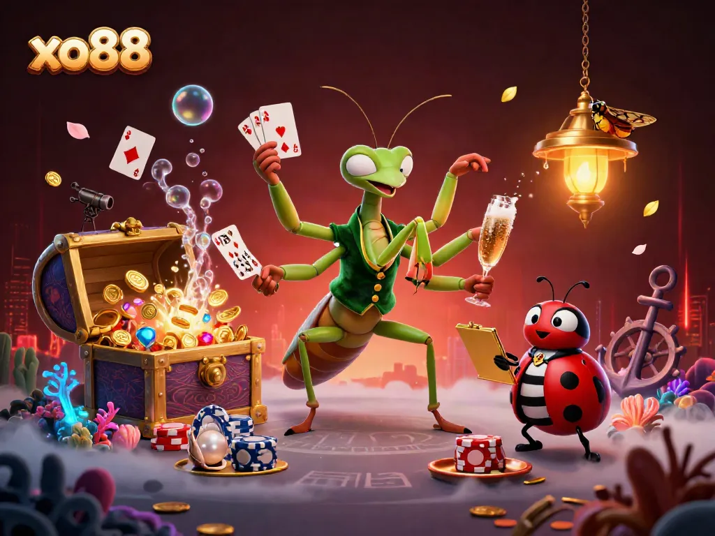 Experience the thrill with xo88 as a giant mantis card sharp interacts in a vibrant casino scene.