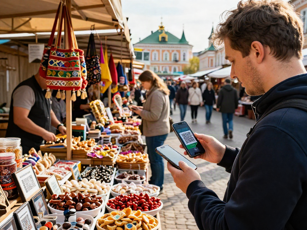 Rusya'da yerel pazarı gezen turist, alışveriş için https://payinrussia.com/ QR kodu gösteriyor.