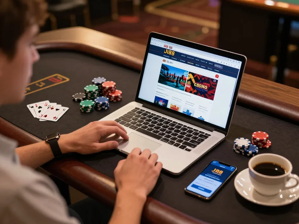 Player engaging with j188 online casino on a laptop, showcasing strategic gaming environment and user experience