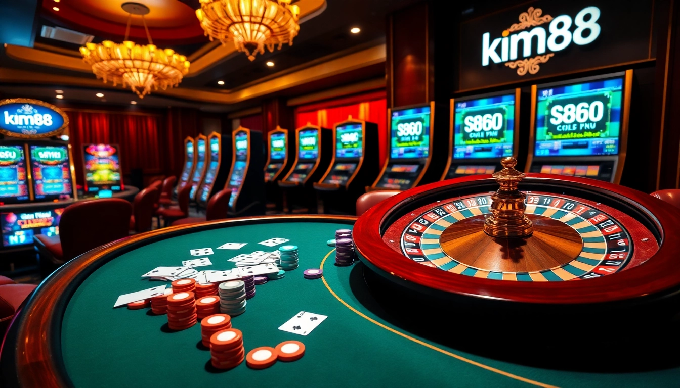 A lively casino scene featuring km88 gaming elements, poker table, roulette wheel, and vibrant slot machines.