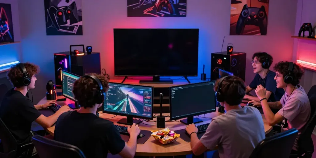 Friends enjoying a multiplayer session on rokok88, surrounded by gaming gear and snacks.