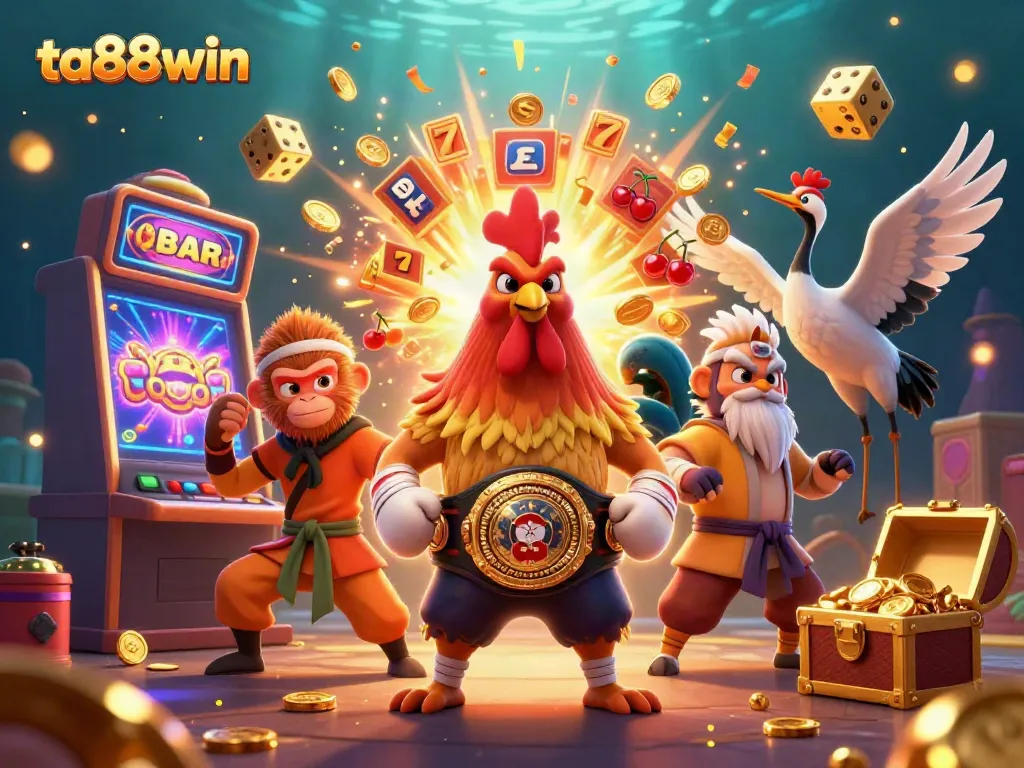 Experience thrilling gaming with ta88win featuring a Muay Thai rooster, Shaolin monkey, and golden slot machine overflowing with riches.