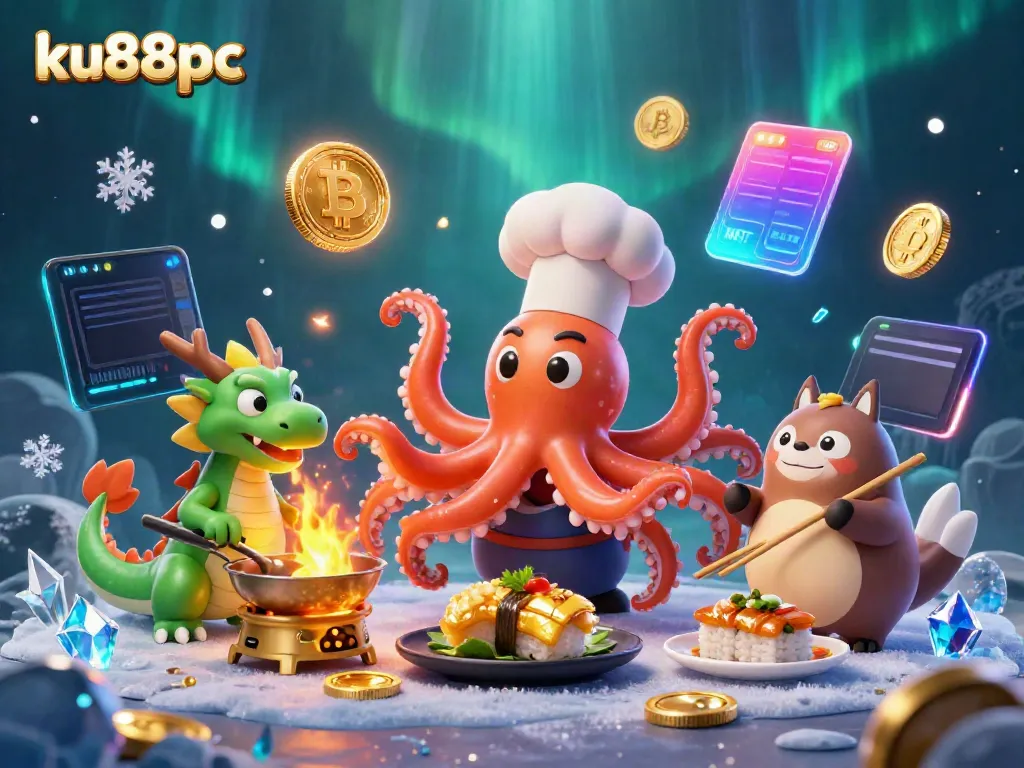 Experience the excitement of ku88pc with a lively scene of an octopus chef and friends preparing gourmet dishes amidst glowing cryptocurrency.