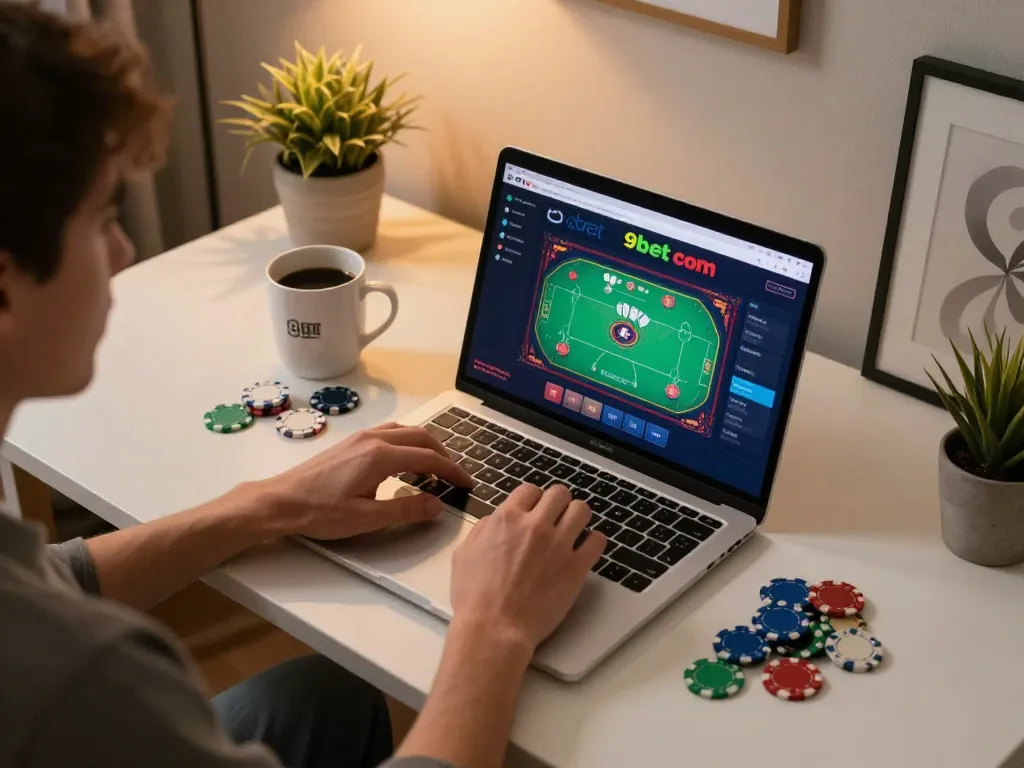 Engaging with the 9bet com platform for poker gameplay in a cozy home setting.