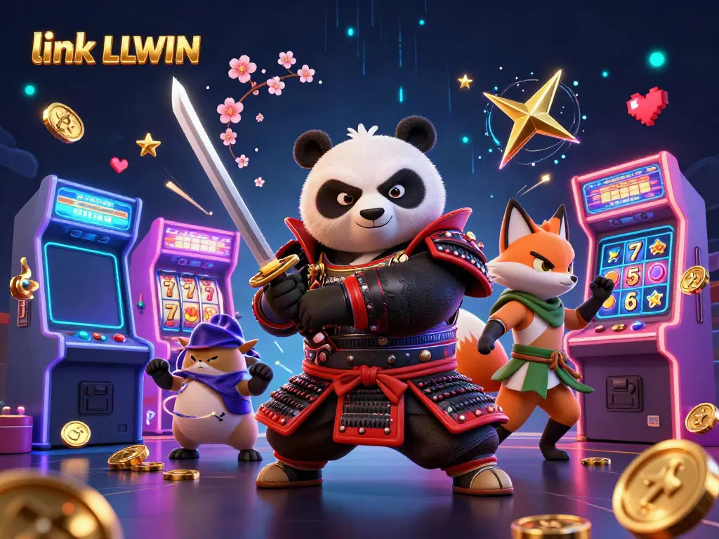 Spin jackpots at LLWIN with a dynamic scene of samurai panda and ninja fox amidst vibrant casino elements.