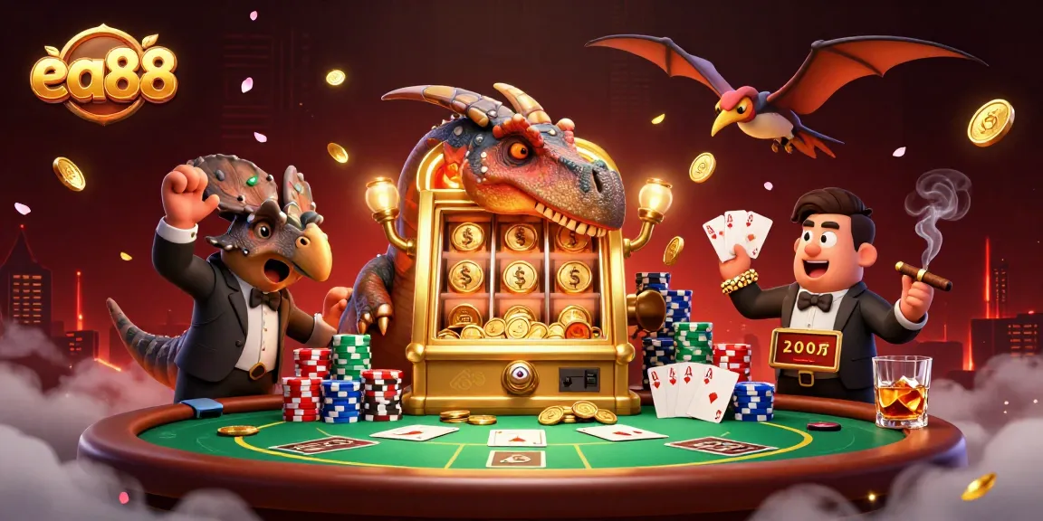 ea88 slots jackpot scene with a pachycephalosaurus and casino manager amid flying coins