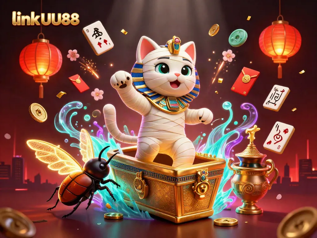 Spin the reels with excitement in link UU88's vibrant casino illustration featuring a dynamic mummy cat and treasures.