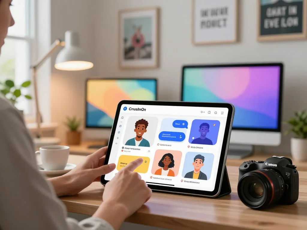 Engaging CrushOn AI chat interface with customizable character avatars in a modern workspace.