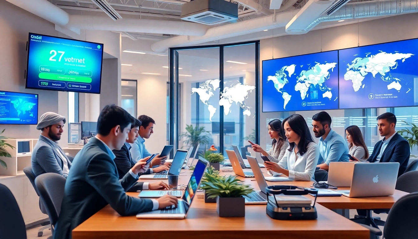 Fast and reliable global network service showcased through professional office setting, promoting 快连官网.