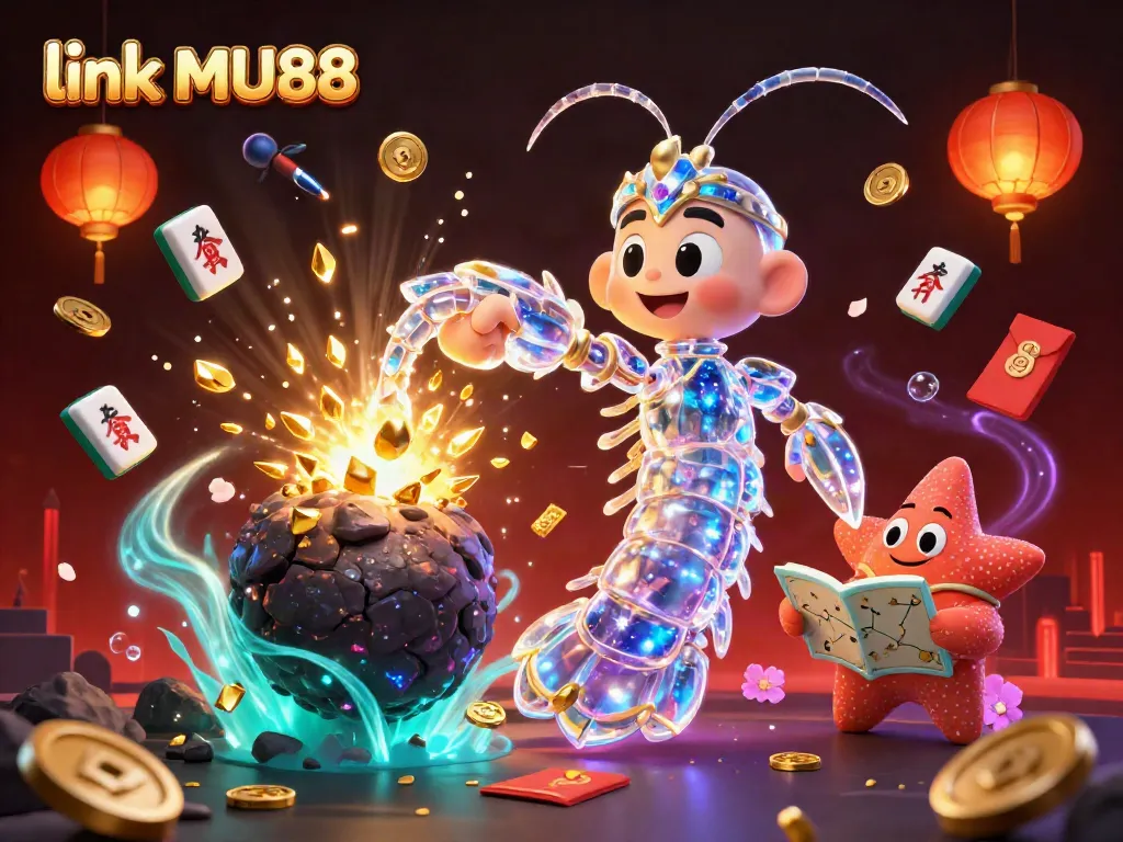 Experience thrilling action with link MU88 in this vibrant 3D casino illustration of a mantis shrimp and starfish.