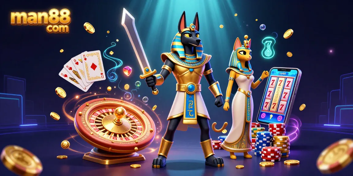 Engage with man88 com's vibrant casino scene featuring Anubis and Bastet amidst dazzling winnings.