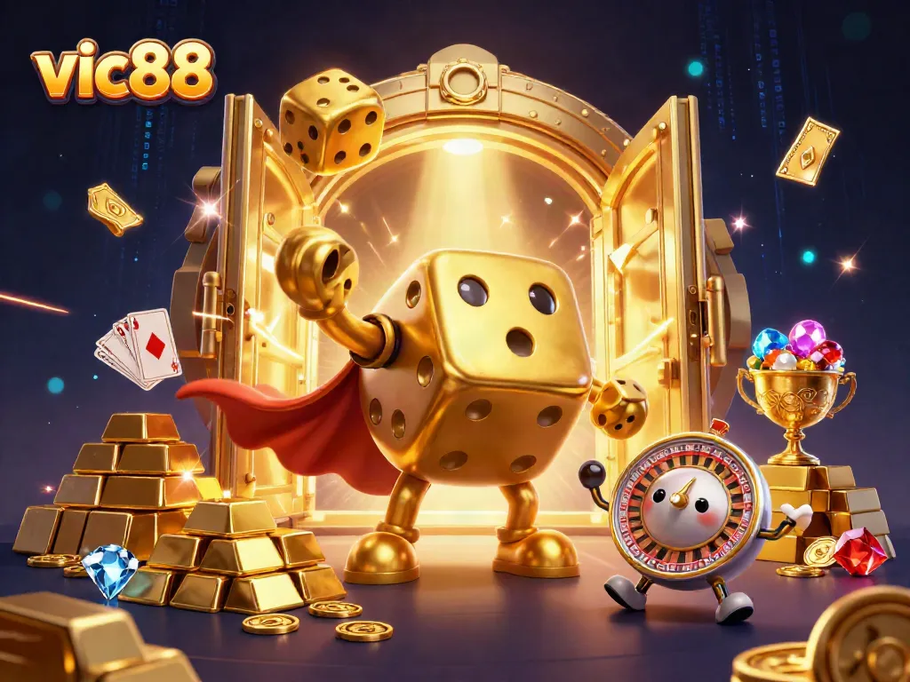 Experience excitement at vic88 with golden dice and treasure bursting from a vault.