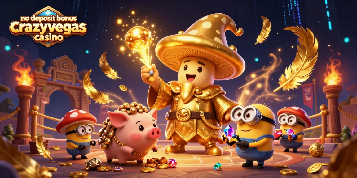 No deposit bonus crazyvegas casino offers a whimsical 3D scene of magical characters surrounded by gambling elements and gold coins.