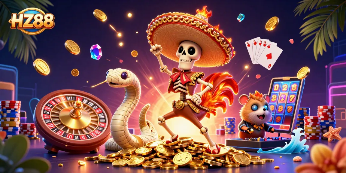 Win big at HZ88 with vibrant casino games featuring animated characters and dynamic elements.