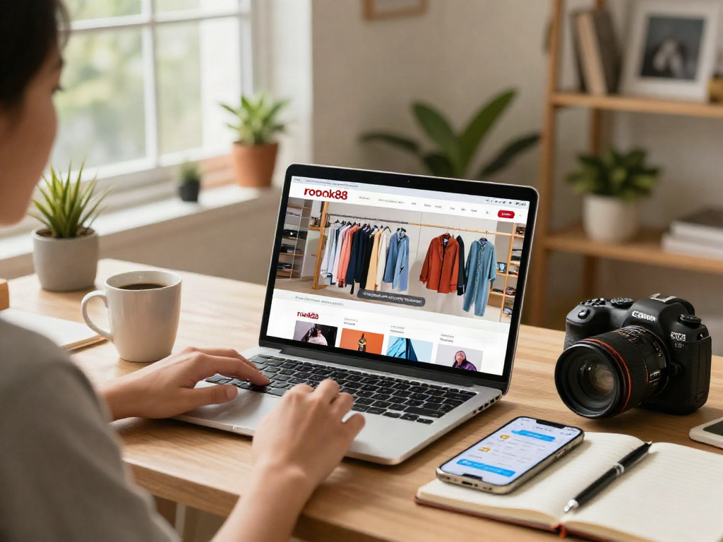 Shopper exploring rokok88 online store in a stylish workspace filled with trendy merchandise.