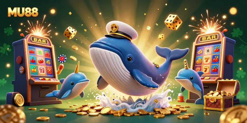 Experience thrilling gaming adventures at MU88 with a vibrant illustration featuring a whale, narwhal, and dolphins.
