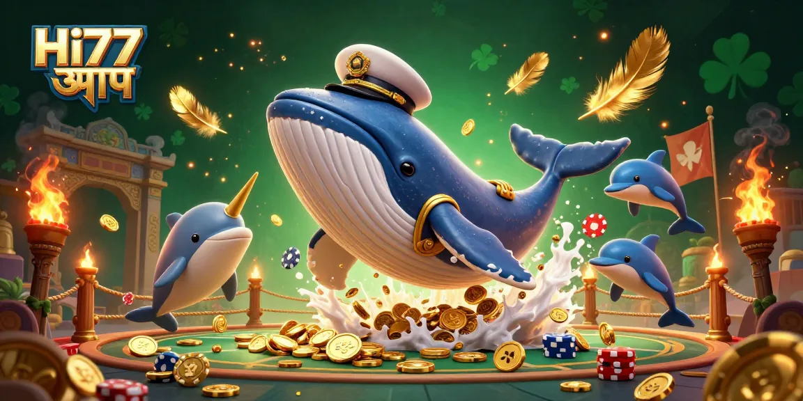 Immerse in the excitement of Hi77 অ্যাপ with a dynamic scene of a cartoon whale, dolphins, and treasures in a vibrant casino-themed setting.