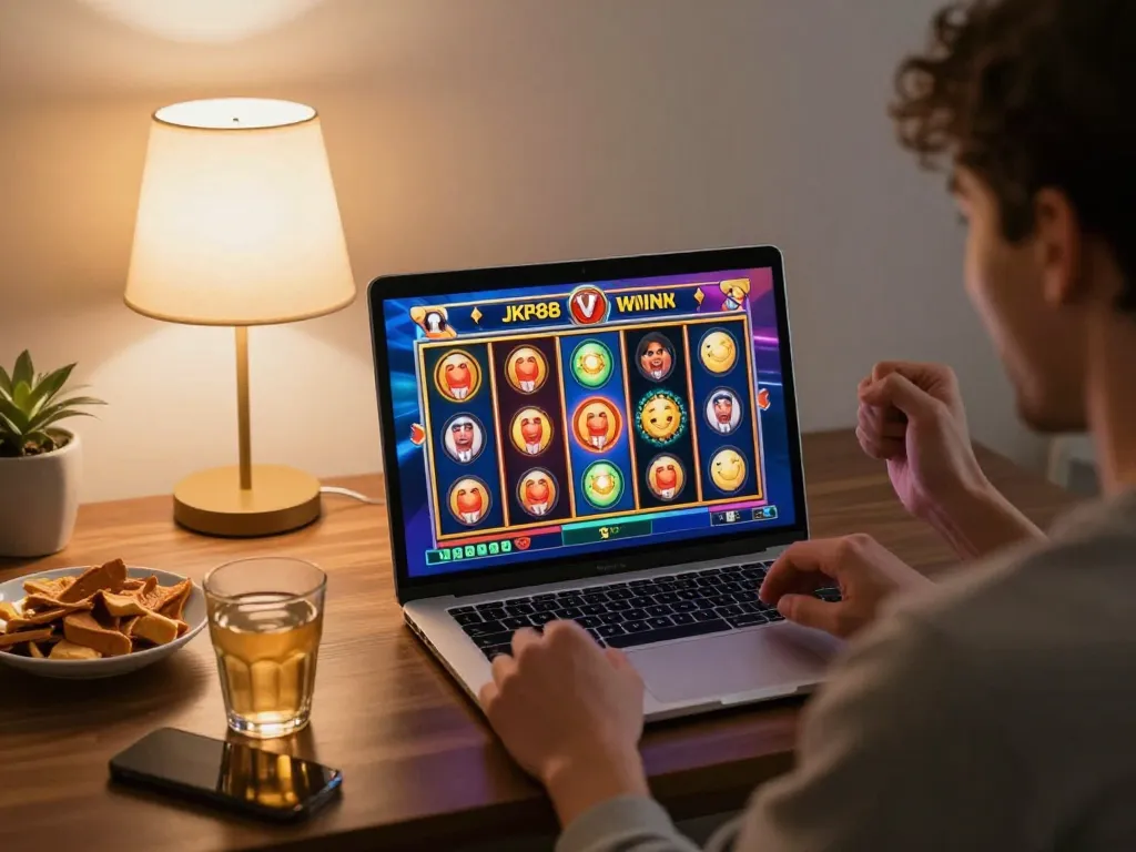 Player celebrating a big win on jkp88 online casino, showcasing exciting slot game action.