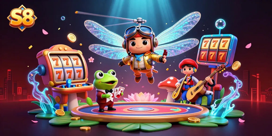 Experience the dynamic excitement of S8 with a dragonfly pilot, a frog dealer, and vibrant slot elements.