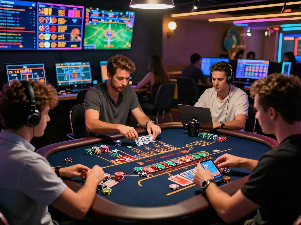 Online casino gaming experience with diverse players engaging in fc88 games, showcasing sleek interfaces and excitement.