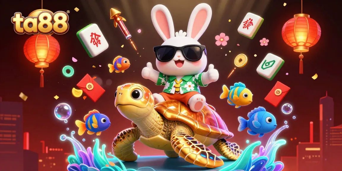 Enjoy thrilling gaming with ta88 alongside a lucky rabbit and a golden turtle in an exciting casino scene.