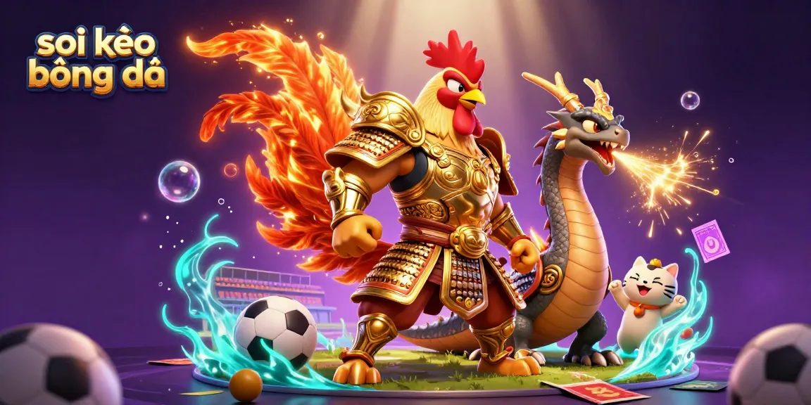 Soi kèo bóng đá illustrated with a dynamic rooster warrior and dragon at a vibrant sports betting arena