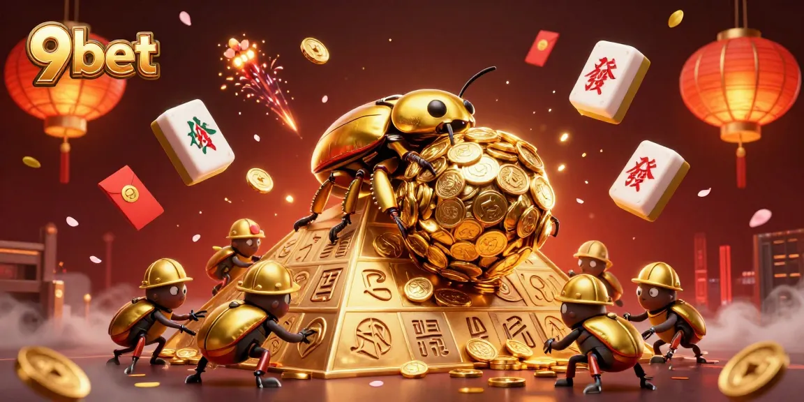 Experience excitement with 9bet as a golden dung beetle rolls coins, symbolizing wealth.