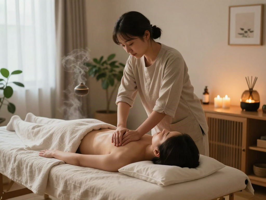 Relaxing Yongsan 출장 massage scene with therapist soothing client in a serene atmosphere.