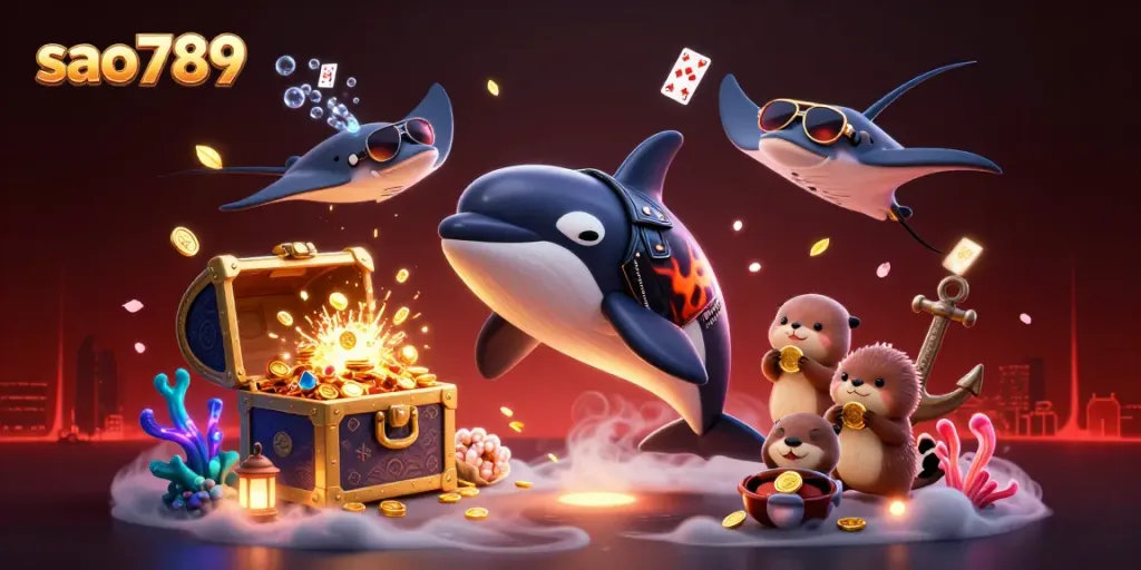 Sao789 casino scene with an orca whale, stingray, and otters celebrating wins underwater.