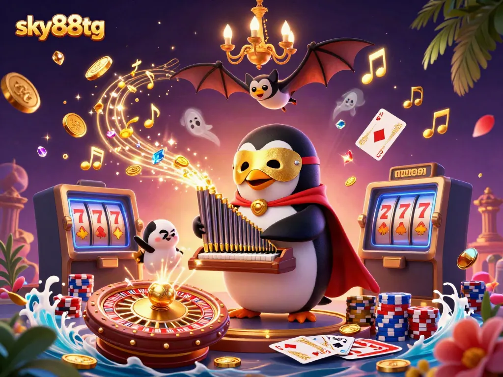 Experience the thrill with sky88tg's immersive casino atmosphere, featuring a penguin organist and cascading coins.