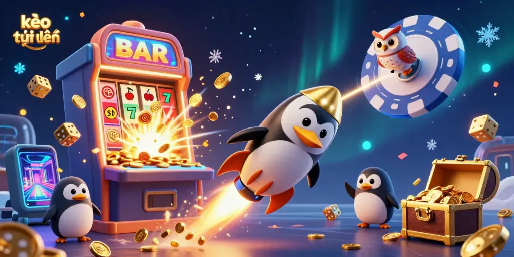 Experience kèo trực tuyến with a golden penguin racing towards a casino space station filled with exciting gaming elements.