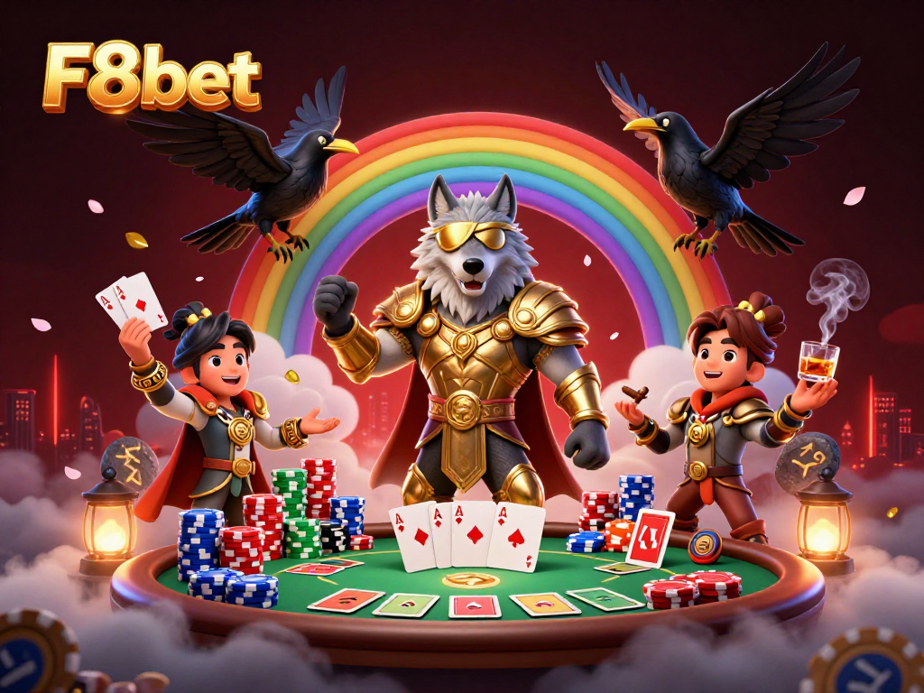 F8bet showcases a vibrant 3D casino scene with Odin and ravens amid vivid gaming elements.