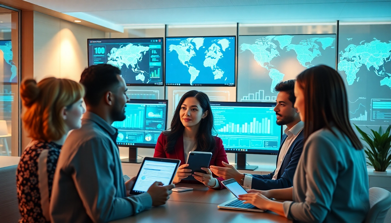Dynamic professionals utilizing 快连官网 services in a modern office showcasing global network acceleration.