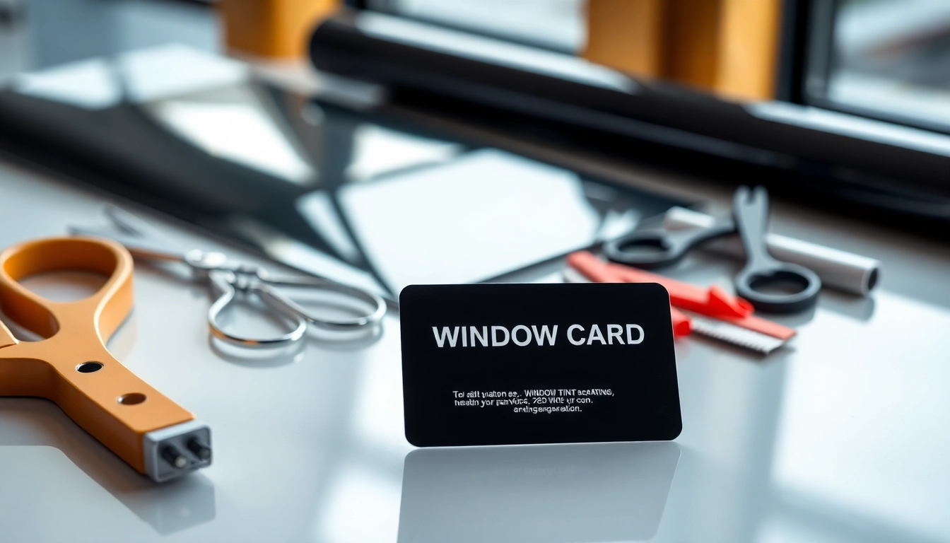 Promote a window tint gift card surrounded by premium tinting tools on a polished surface.