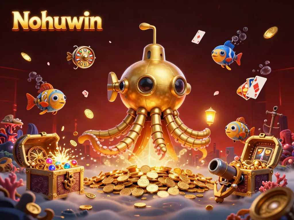 Nohuwin showcases an exhilarating 3D illustration of a golden kraken submarine surrounded by vibrant slot game elements.