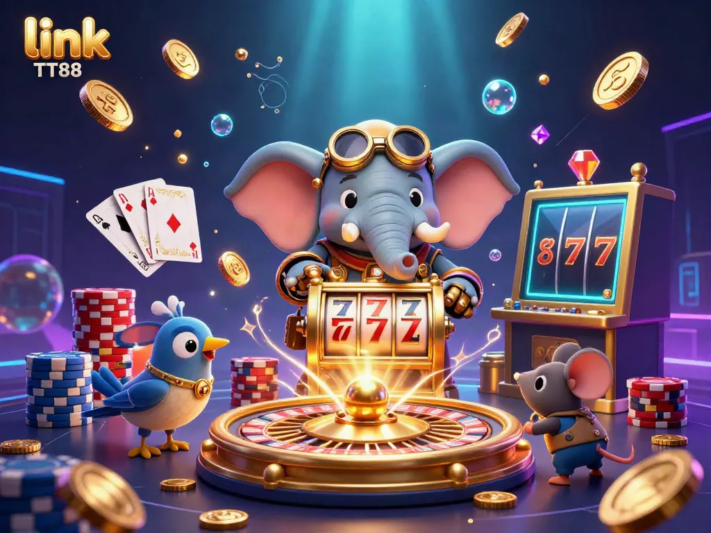 Experience the thrill of link TT88 with a steampunk elephant operating a golden slot machine, surrounded by vibrant casino elements.