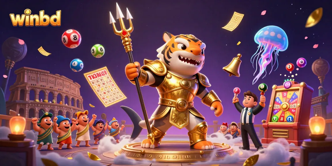Experience exhilarating wins with winbd in this dynamic casino-themed 3D illustration, showcasing vibrant lottery elements.