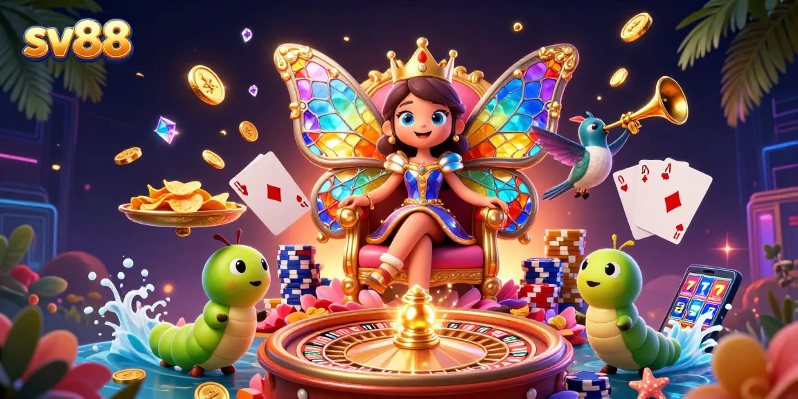 Win big at sv88 with vibrant casino scenes featuring a majestic butterfly queen and dynamic game elements!