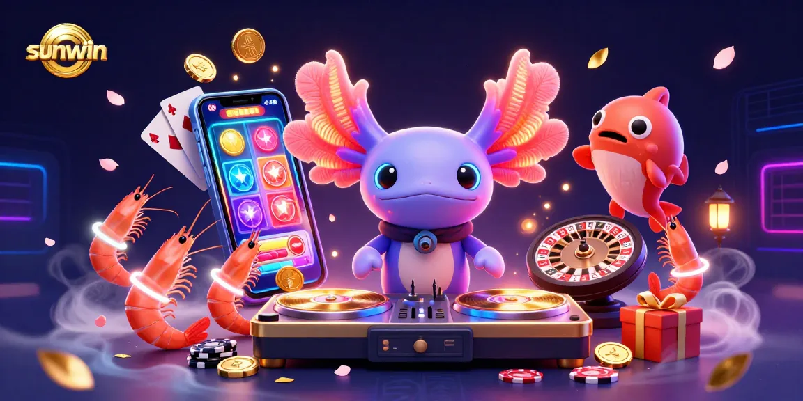 Experience sunwin excitement with vibrant axolotl DJ and cheerful sea creatures at a lively casino party.