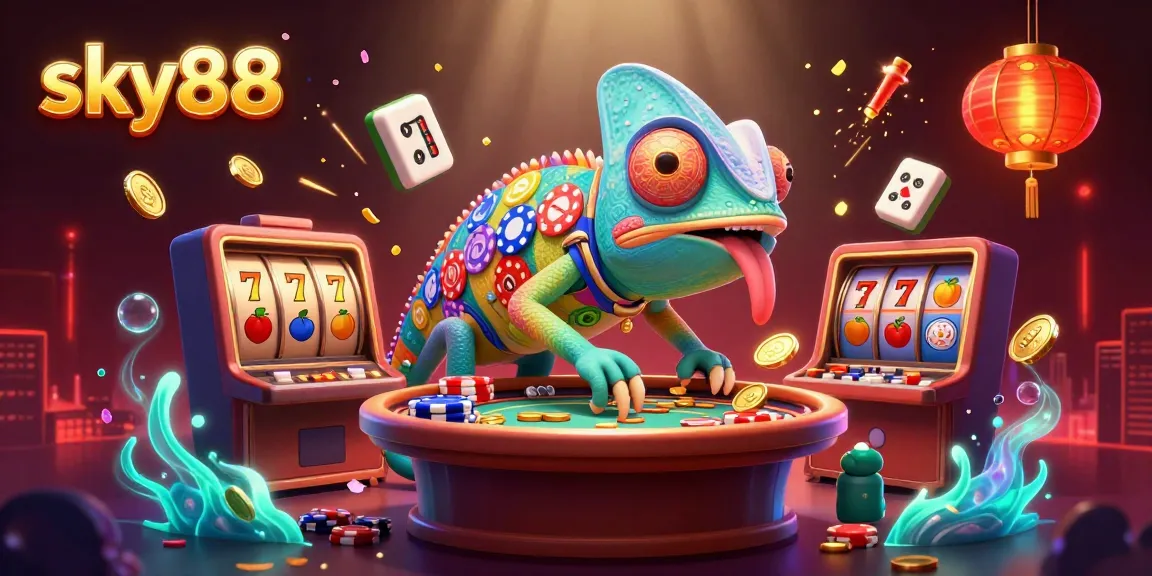 Experience the excitement at sky88 with a vibrant casino scene featuring animated characters and game elements.
