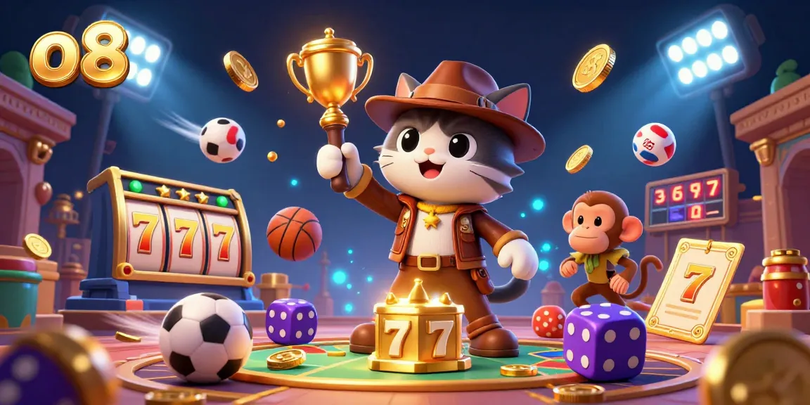 Win big at o8 with an explorer cat discovering golden casino treasures in 3D.