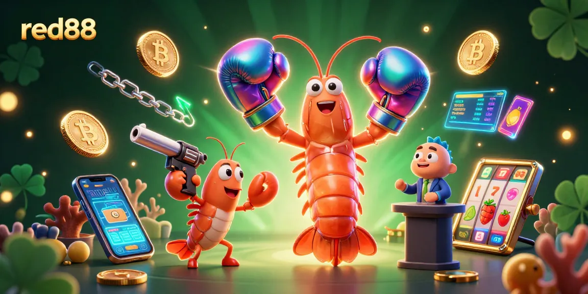 Engage with red88's dynamic casino scene featuring vibrant characters and crypto elements.