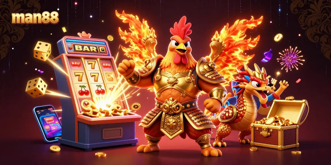 Experience the excitement of man88's casino with slots, vibrant warriors, and jackpot action!