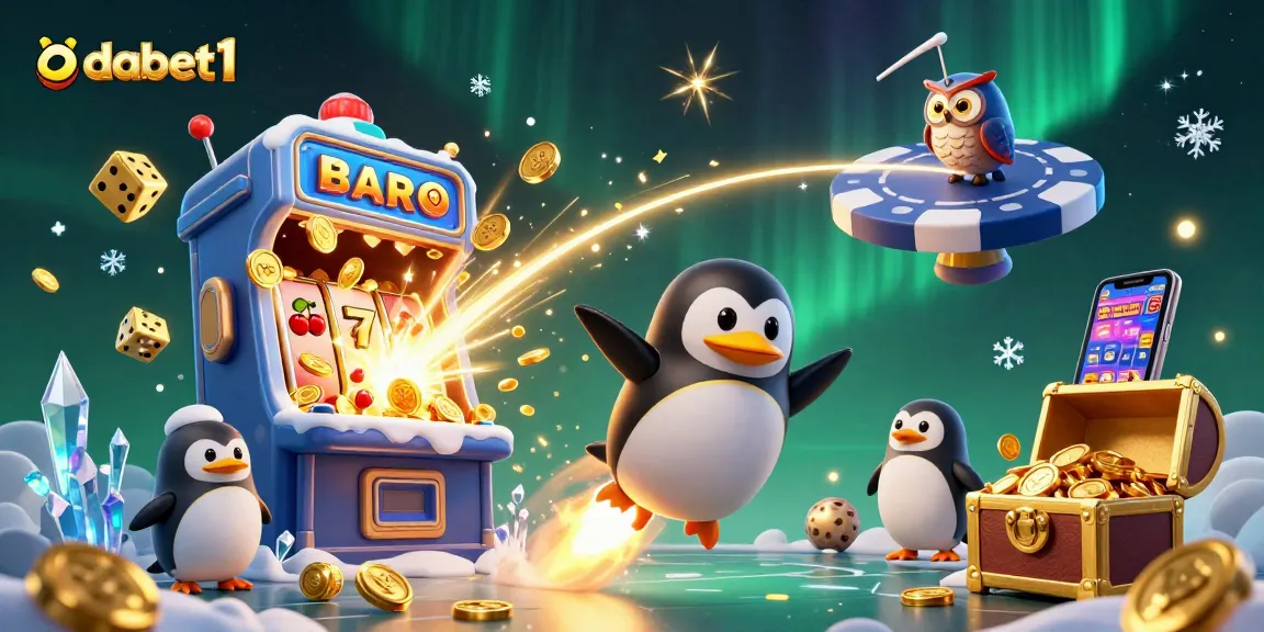 Experience the excitement of dabet1 with a golden penguin and vibrant casino elements bursting with action.