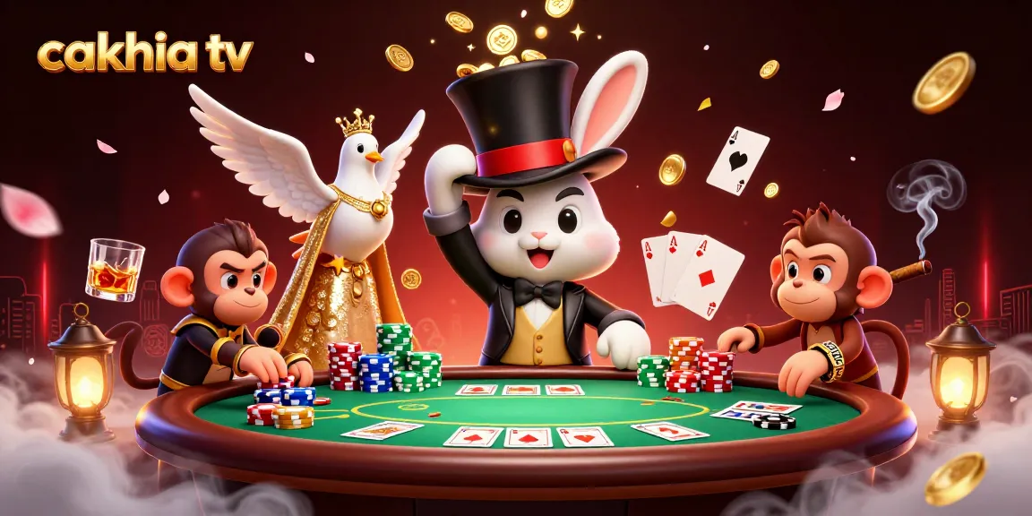 Cakhia tv showcases a whimsical scene with a magician rabbit pulling coins from a hat, capturing the magic of gambling.
