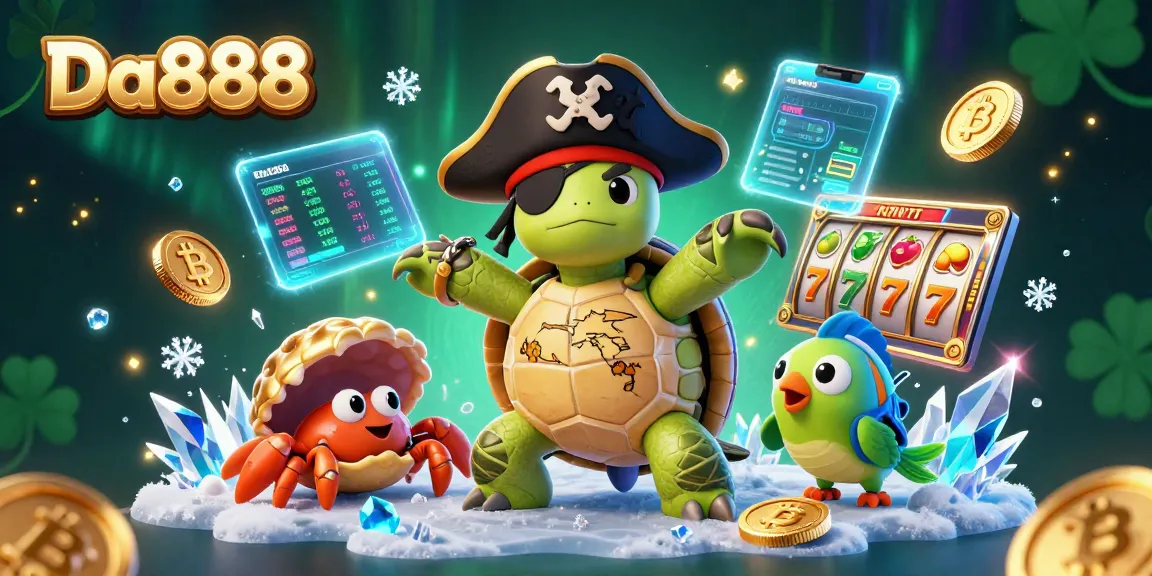 Engage with Da888's vibrant crypto casino scene showcasing a pirate turtle amidst glowing Bitcoin coins and slot reels.