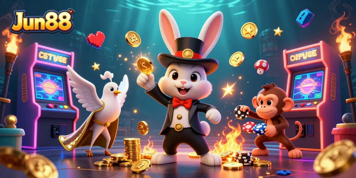 Experience the magic of Jun88, where a magician rabbit pulls golden coins in a vibrant online casino.
