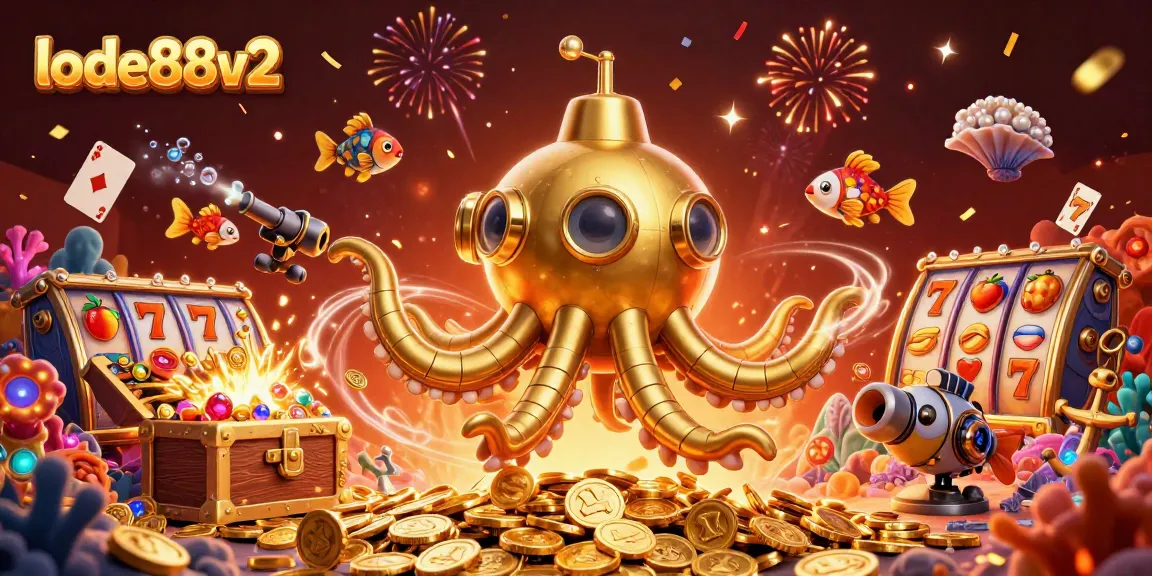 Experience the thrill of lode88v2 with vibrant slots and a golden kraken submarine in action.