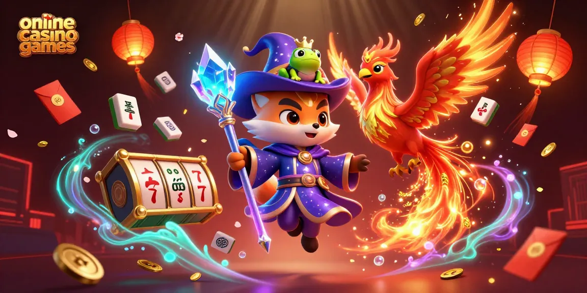 Engaging illustration of online casino games featuring magical characters and floating slot machines.